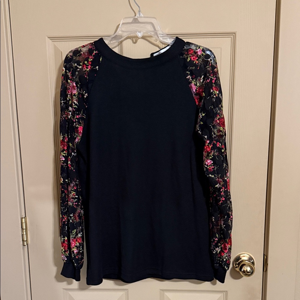 Floral Sleeve Black Top